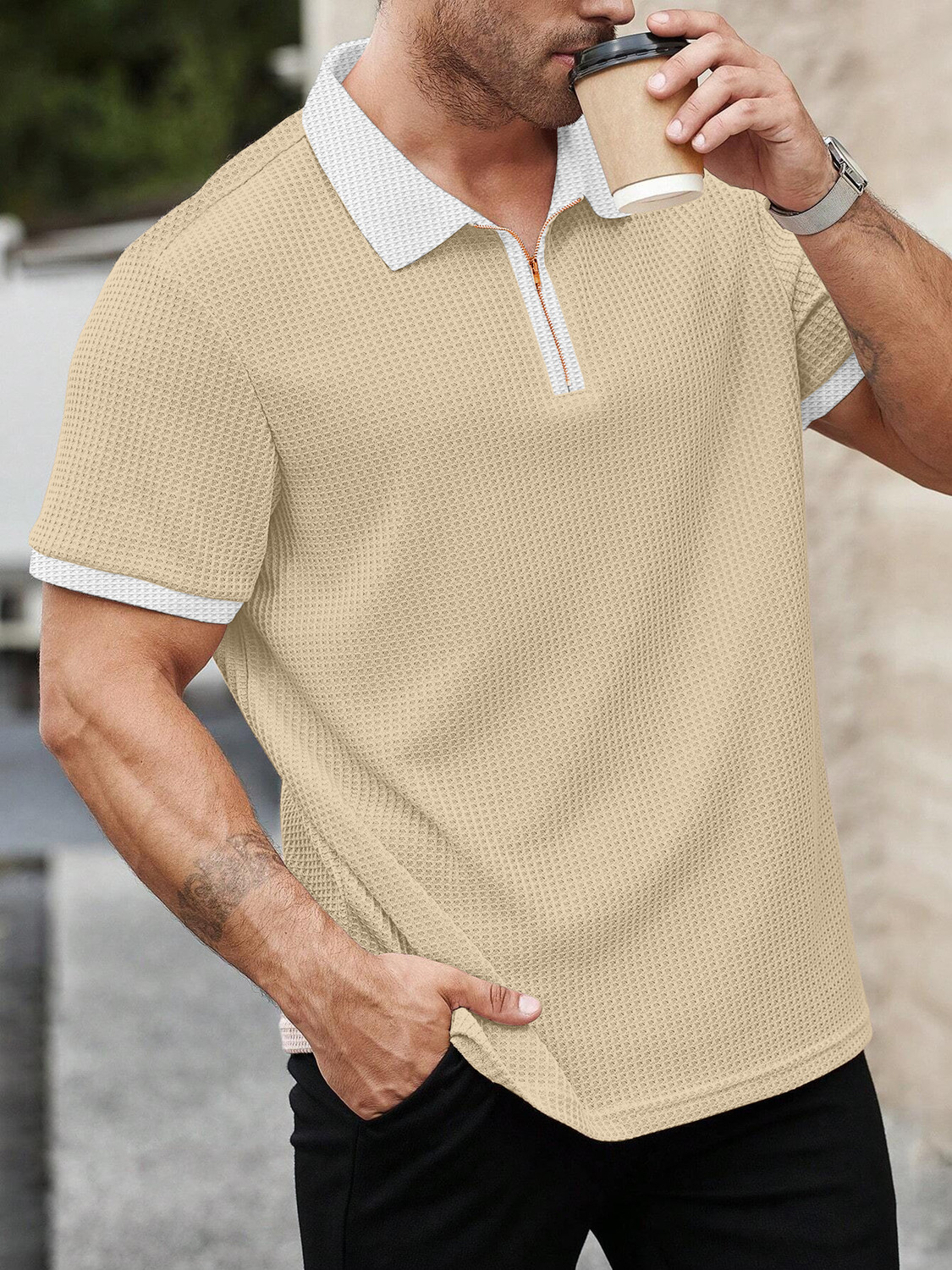 Image of KAJARU Self Design Men Zip Neck Beige, White T-Shirt