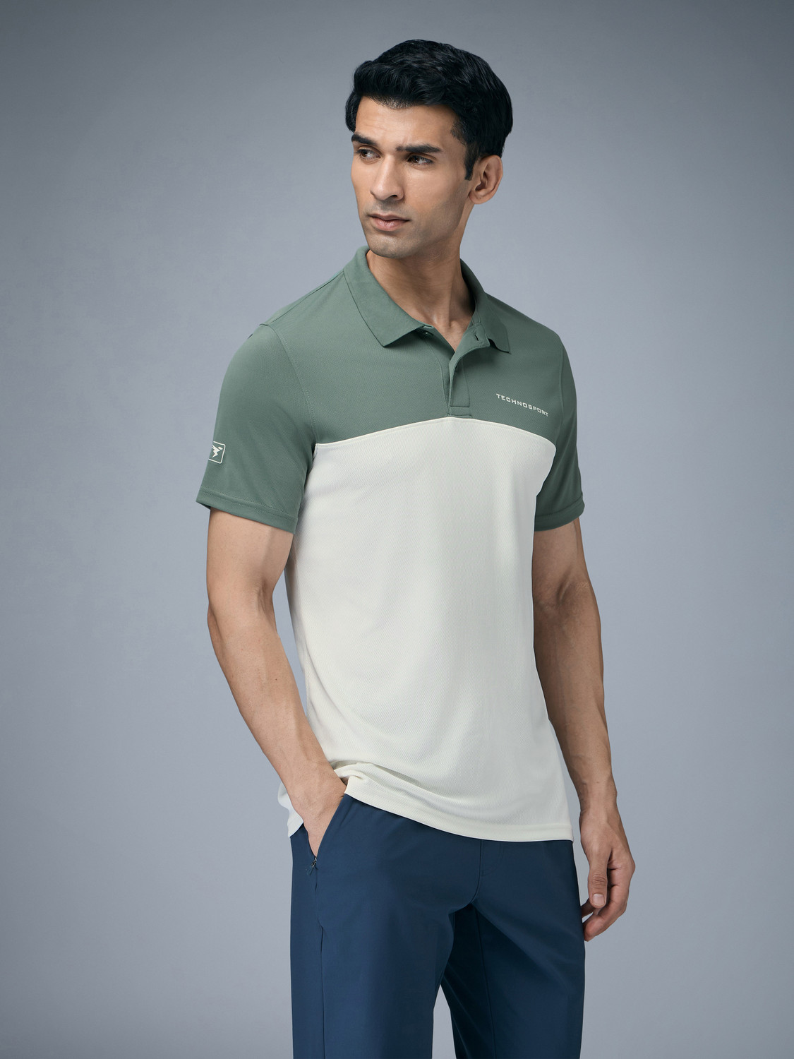 Image of TECHNOSPORT Colorblock Men Polo Neck White T-Shirt