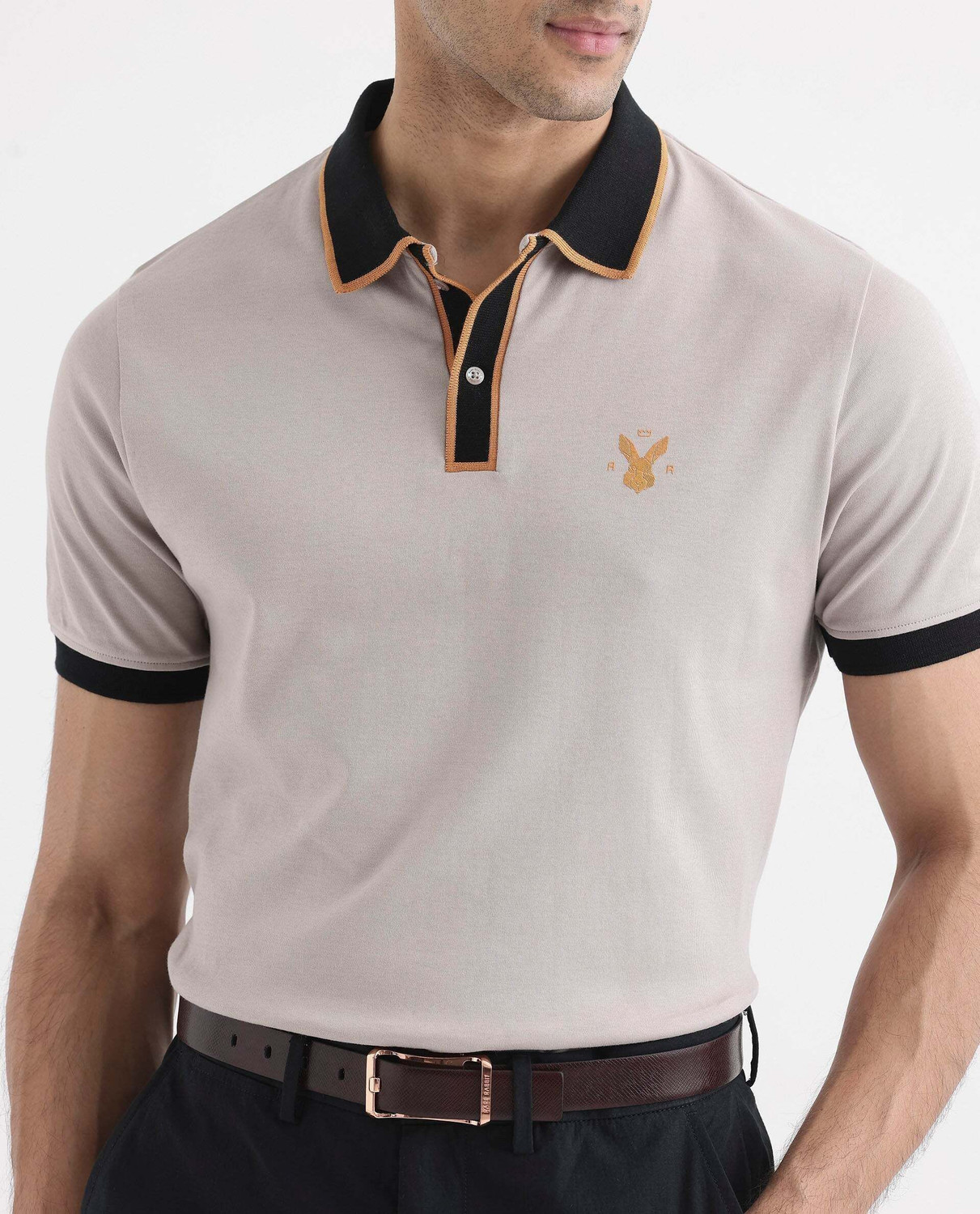 Image of RARE RABBIT Solid Men Polo Neck Beige T-Shirt