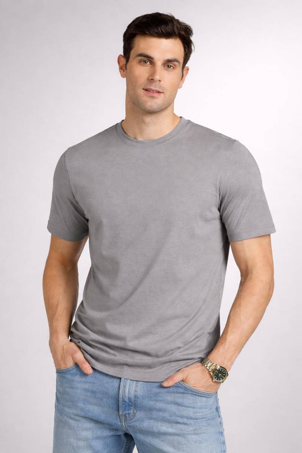 KAEZRI Men Solid Round Neck Pure Cotton Grey T-Shirt