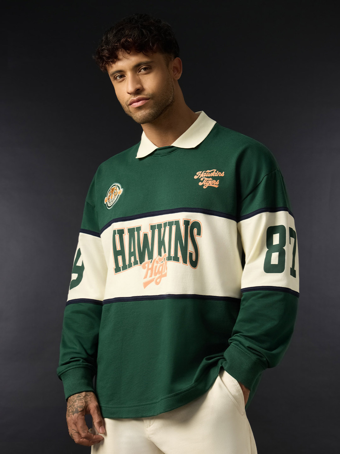 Image of The Souled Store Embroidered Men Polo Neck Dark Green T-Shirt