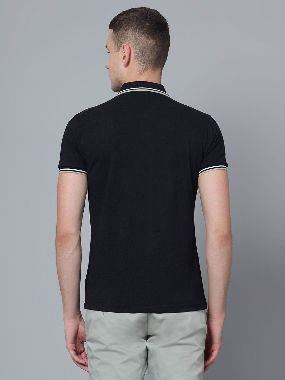Image of CANTABIL Solid Men Polo Neck Navy Blue T-Shirt