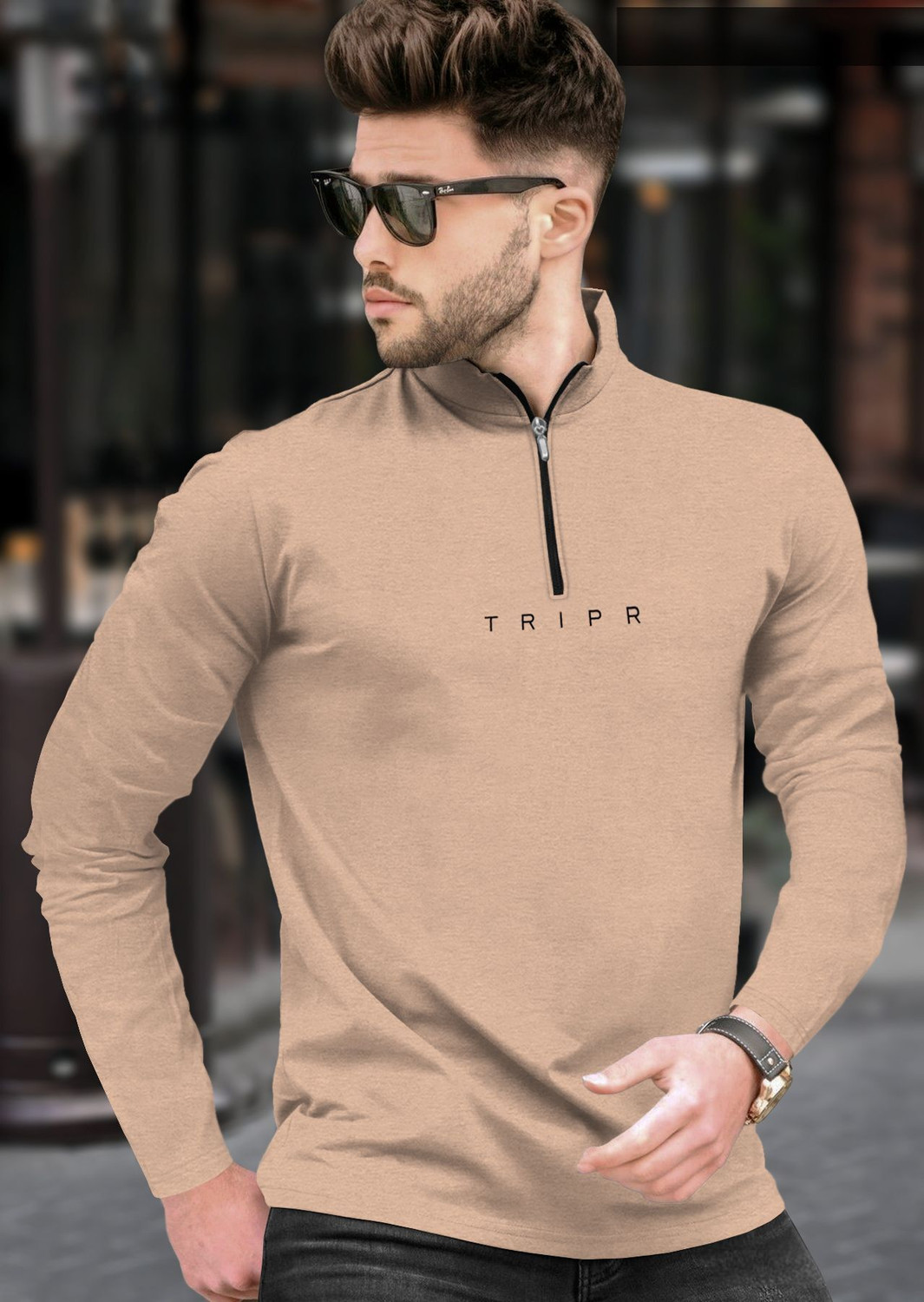 Image of TRIPR Solid Men Henley Neck Beige T-Shirt