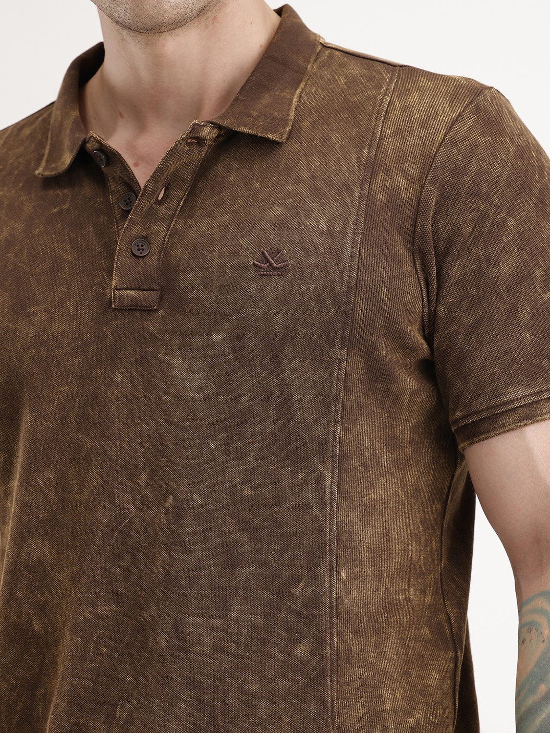 Image of WROGN Washed Men Polo Neck Brown T-Shirt