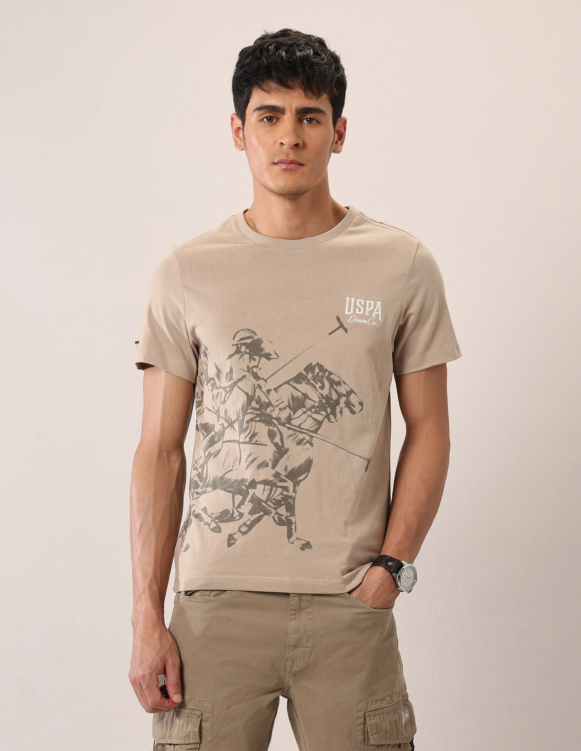 Image of U.S. Polo Assn. Denim Co. Men Printed Crew Neck Pure Cotton Beige T-Shirt
