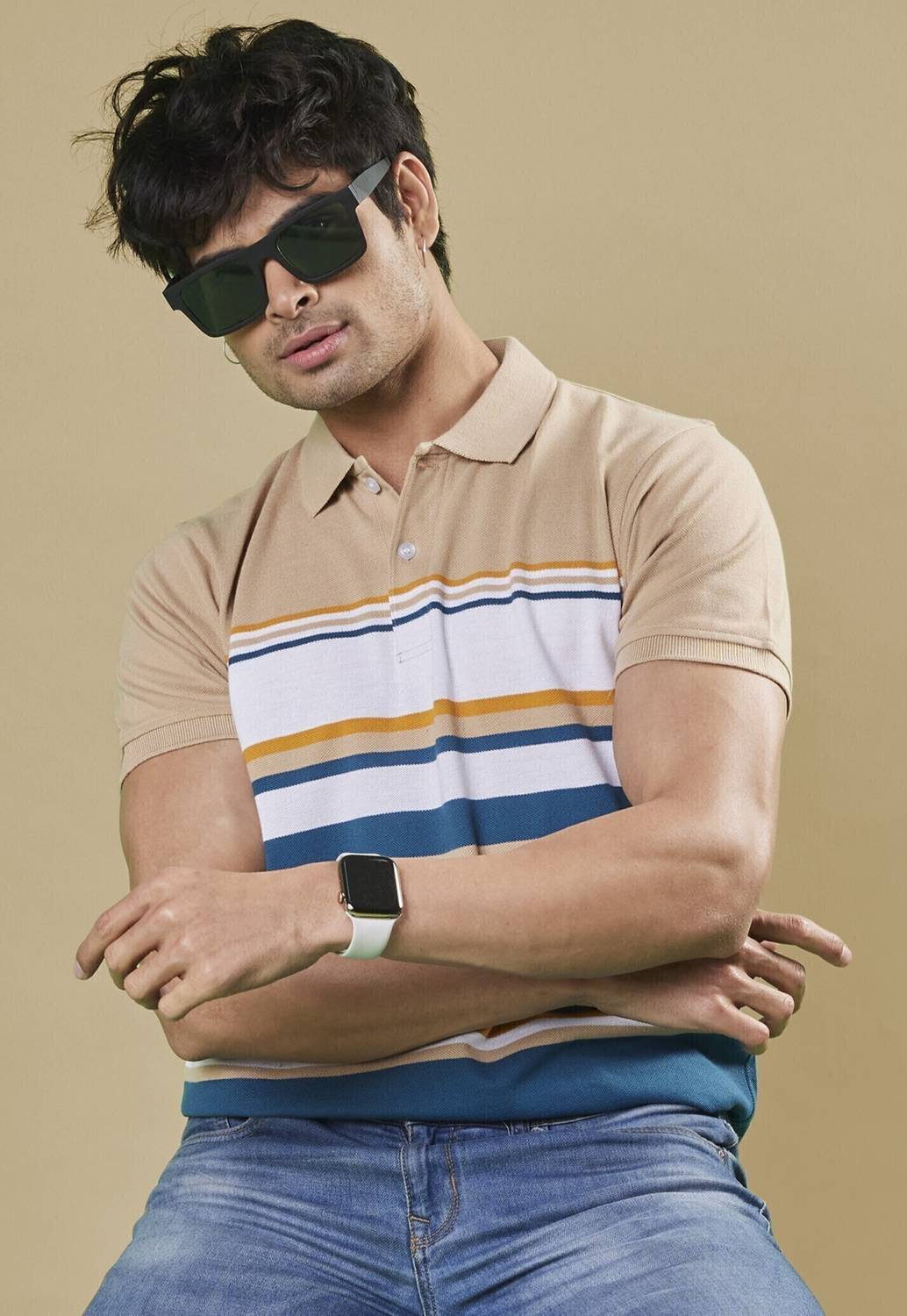 3BROS Striped Men Polo Neck Brown T-Shirt