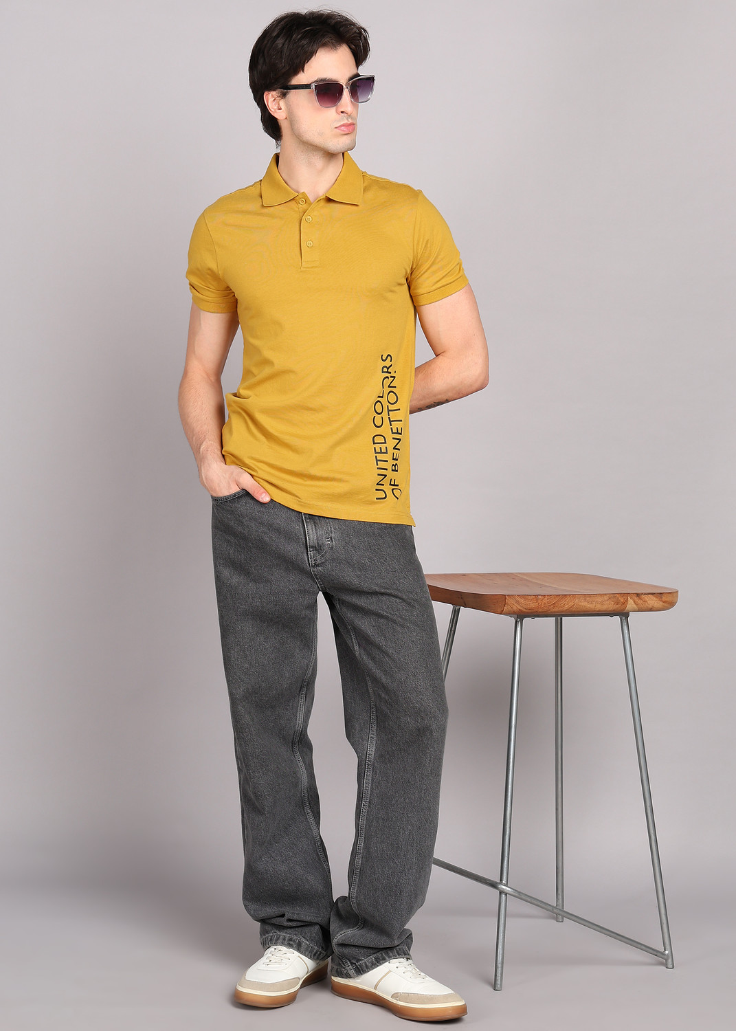 Image of United Colors of Benetton Printed Men Polo Neck Yellow T-Shirt