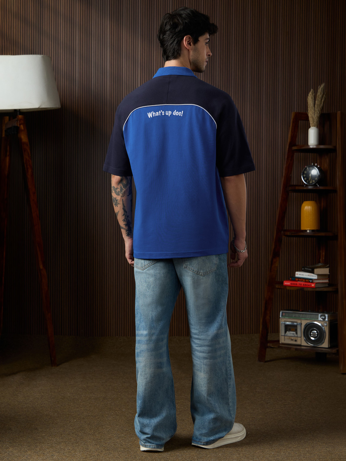 Image of The Souled Store Men Embroidered, Printed Polo Neck Pure Cotton Blue T-Shirt