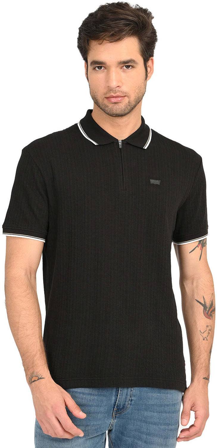 LEVI'S Men Self Design Polo Neck Organic Cotton Black T-Shirt