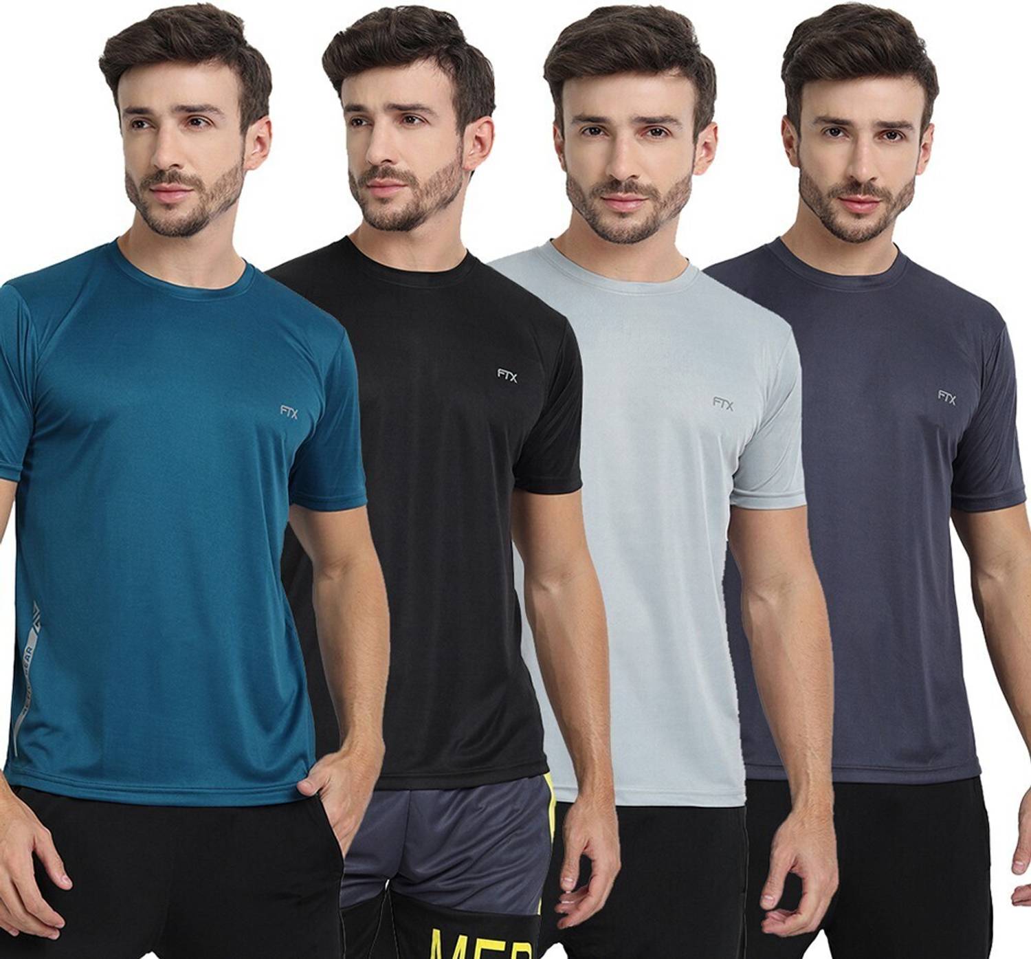 FTX Pack of 4 Men Solid Round Neck Polyester Silver, Blue, Black,
