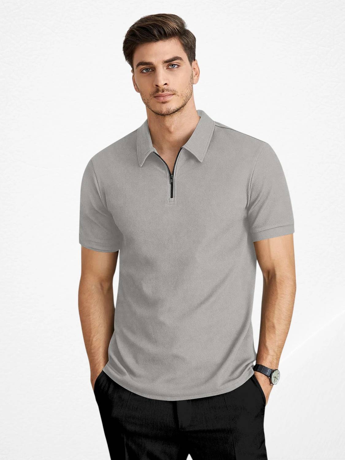 Praizy Men Self Design Zip Neck Polycotton Grey T-Shirt