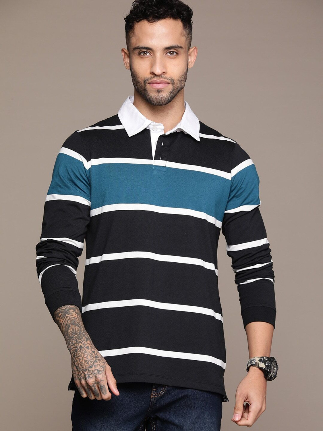 Image of Roadster Striped Men Polo Neck Blue T-Shirt