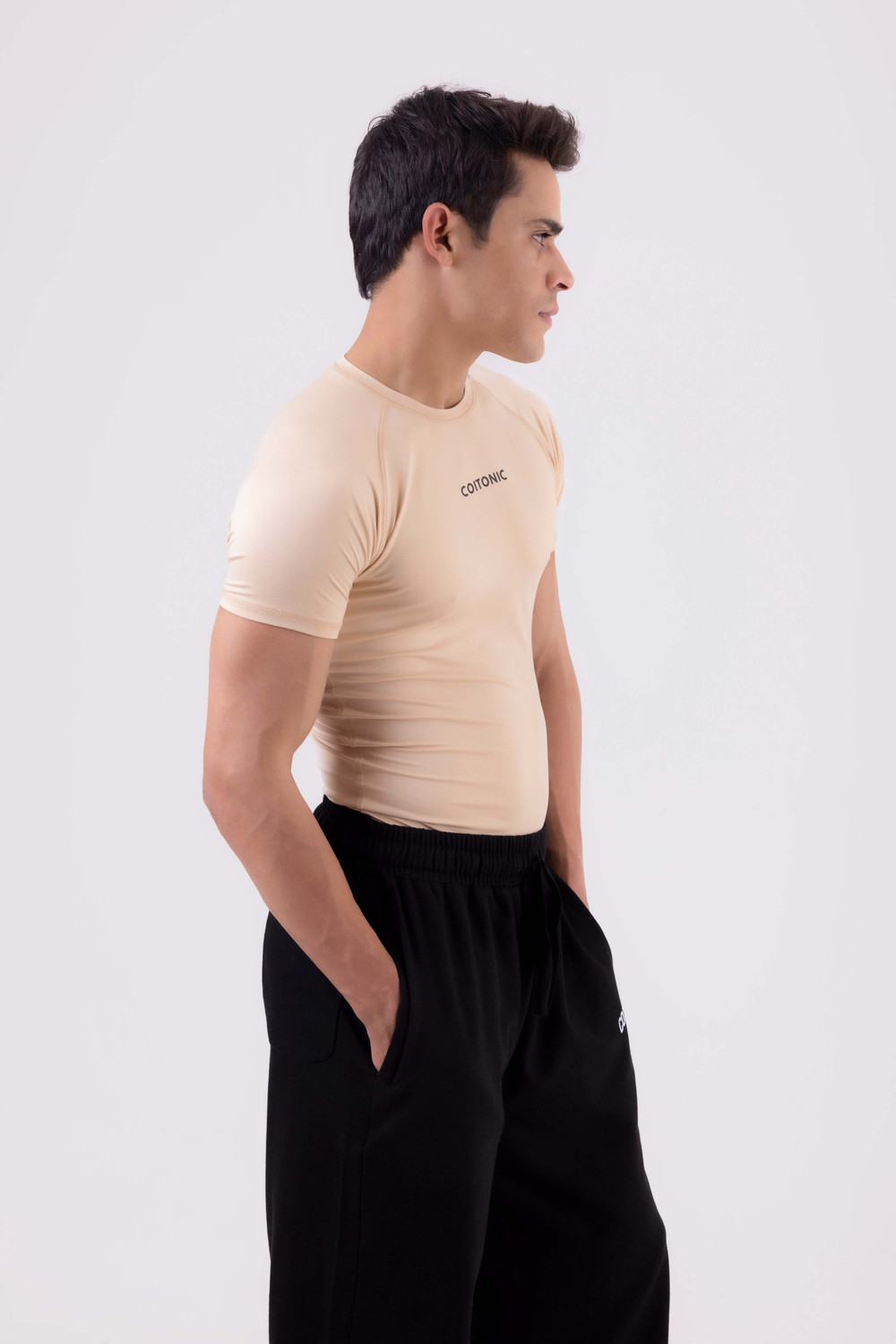 Image of COITONIC Printed Men Round Neck Beige T-Shirt