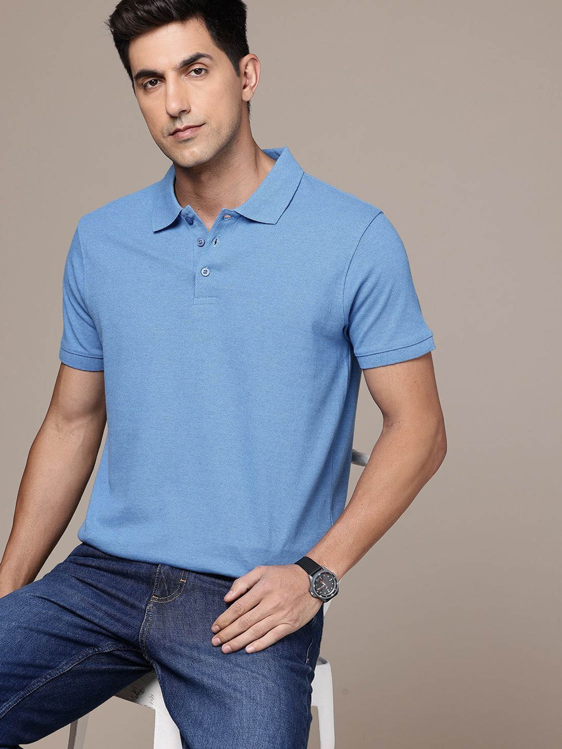 Image of Moda Rapido Solid Men Polo Neck Light Blue T-Shirt