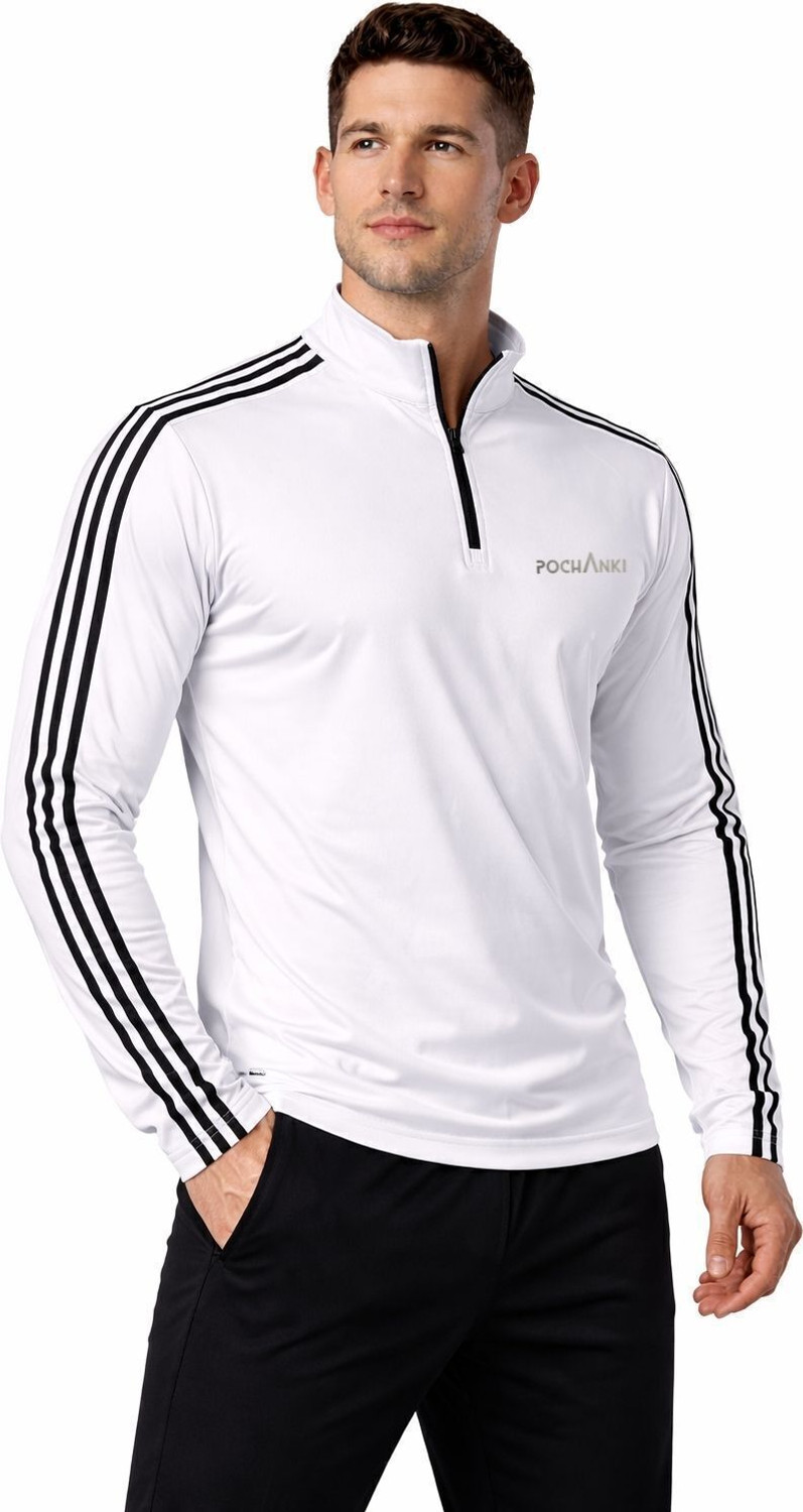 Image of Pochanki Striped Men Zip Neck White T-Shirt