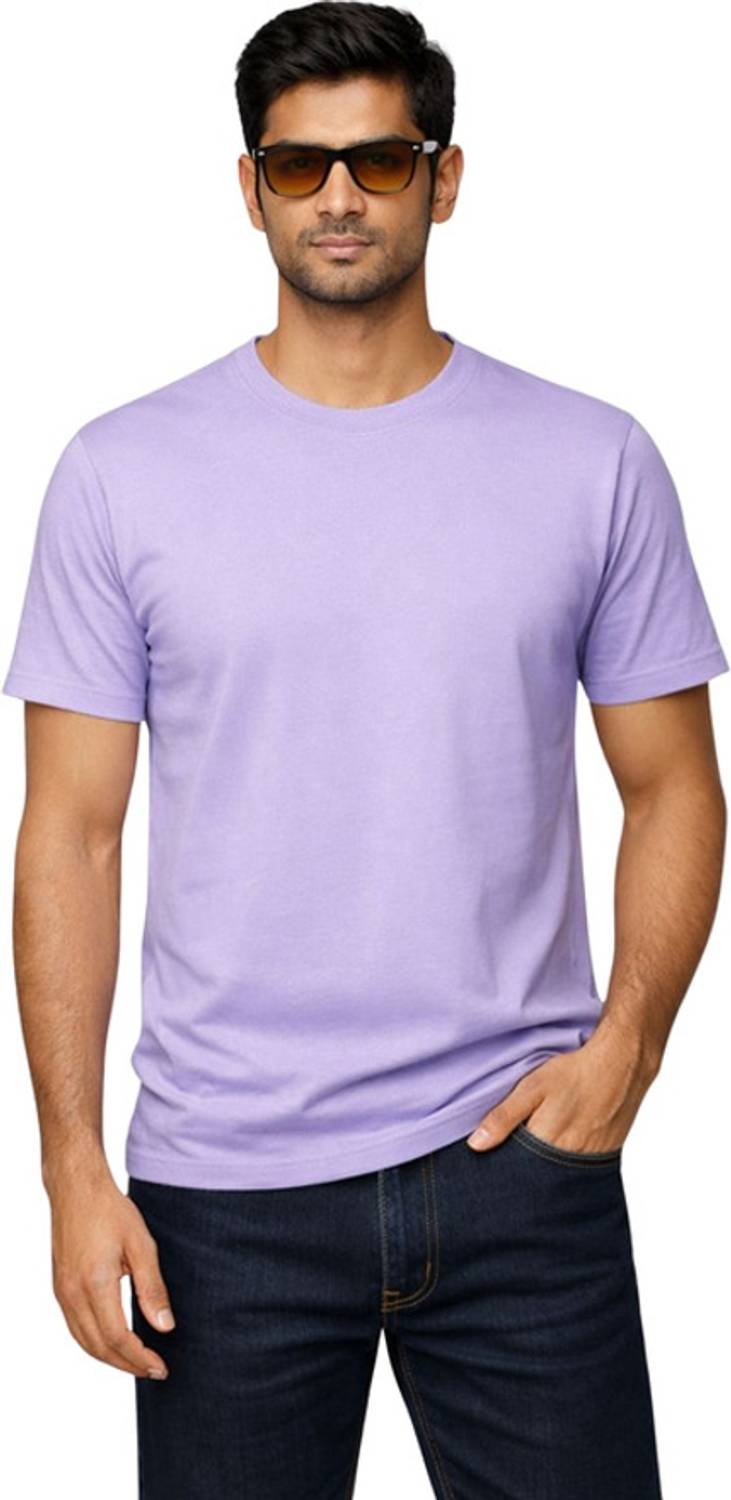 Streetfluencer Men Solid Round Neck Pure Cotton Purple T-Shirt