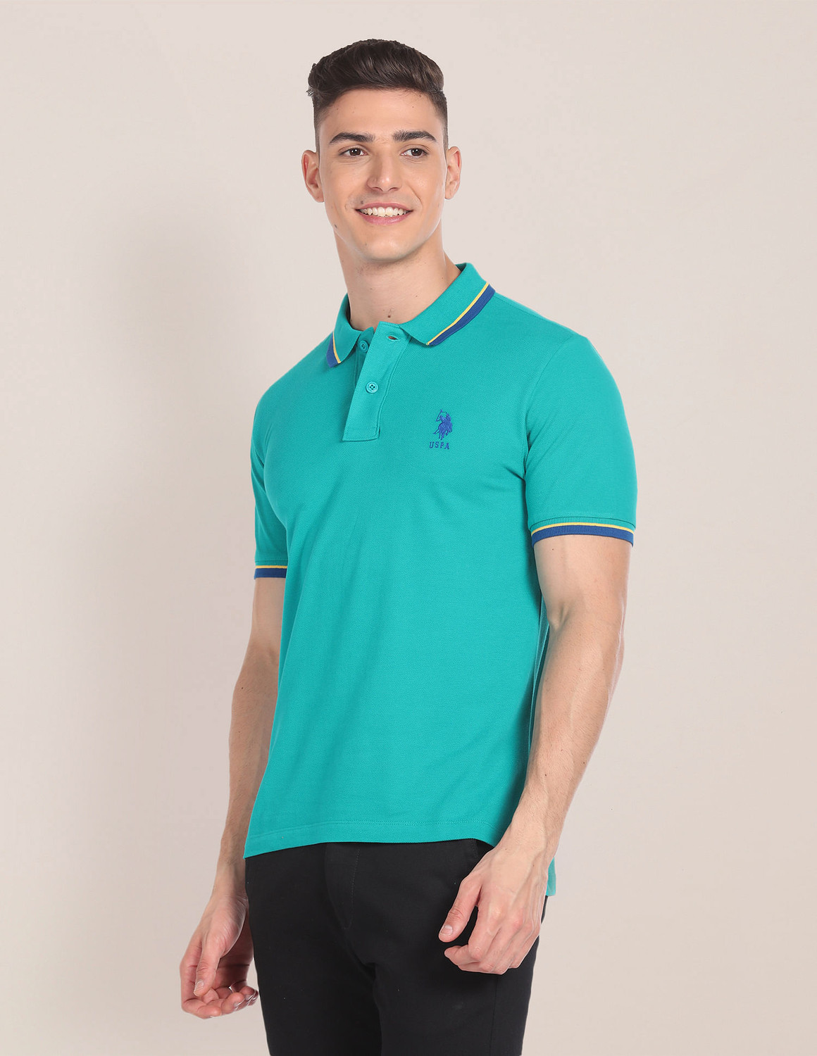 Image of U.S. POLO ASSN. Solid Men Polo Neck Green T-Shirt