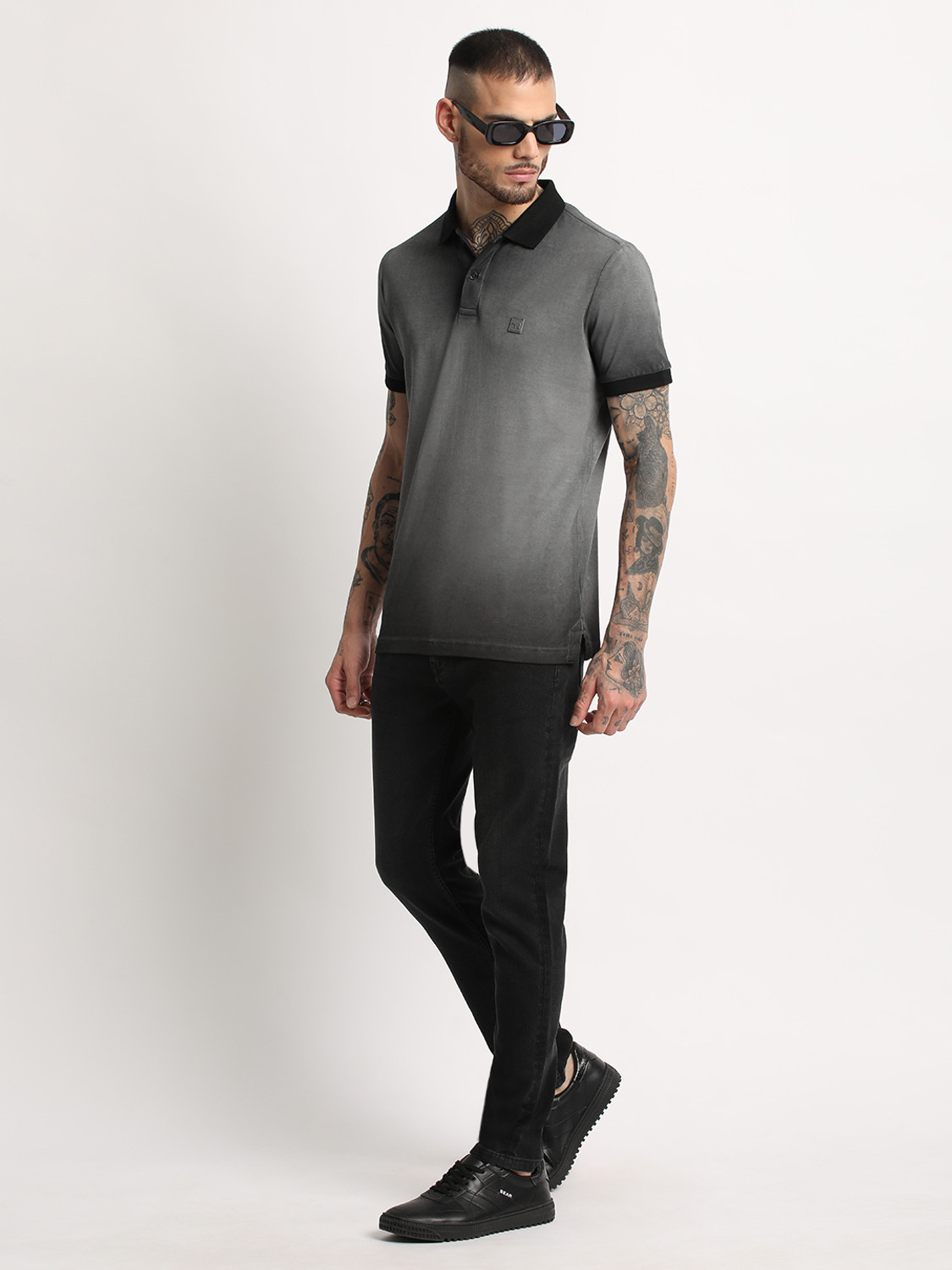 Image of THE BEAR HOUSE Solid Men Polo Neck Grey T-Shirt