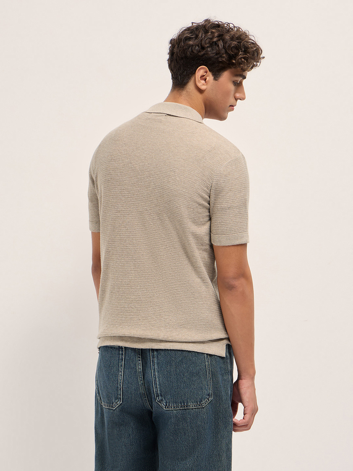 Image of THE BEAR HOUSE Self Design Men Polo Neck Beige T-Shirt