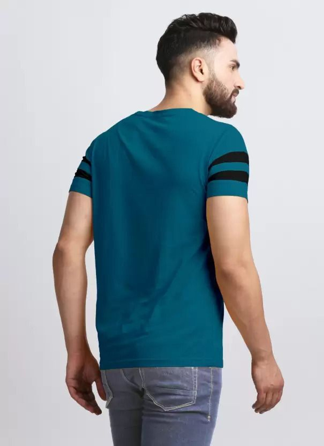 Image of R RIDACHY Striped Men Round Neck Black T-Shirt