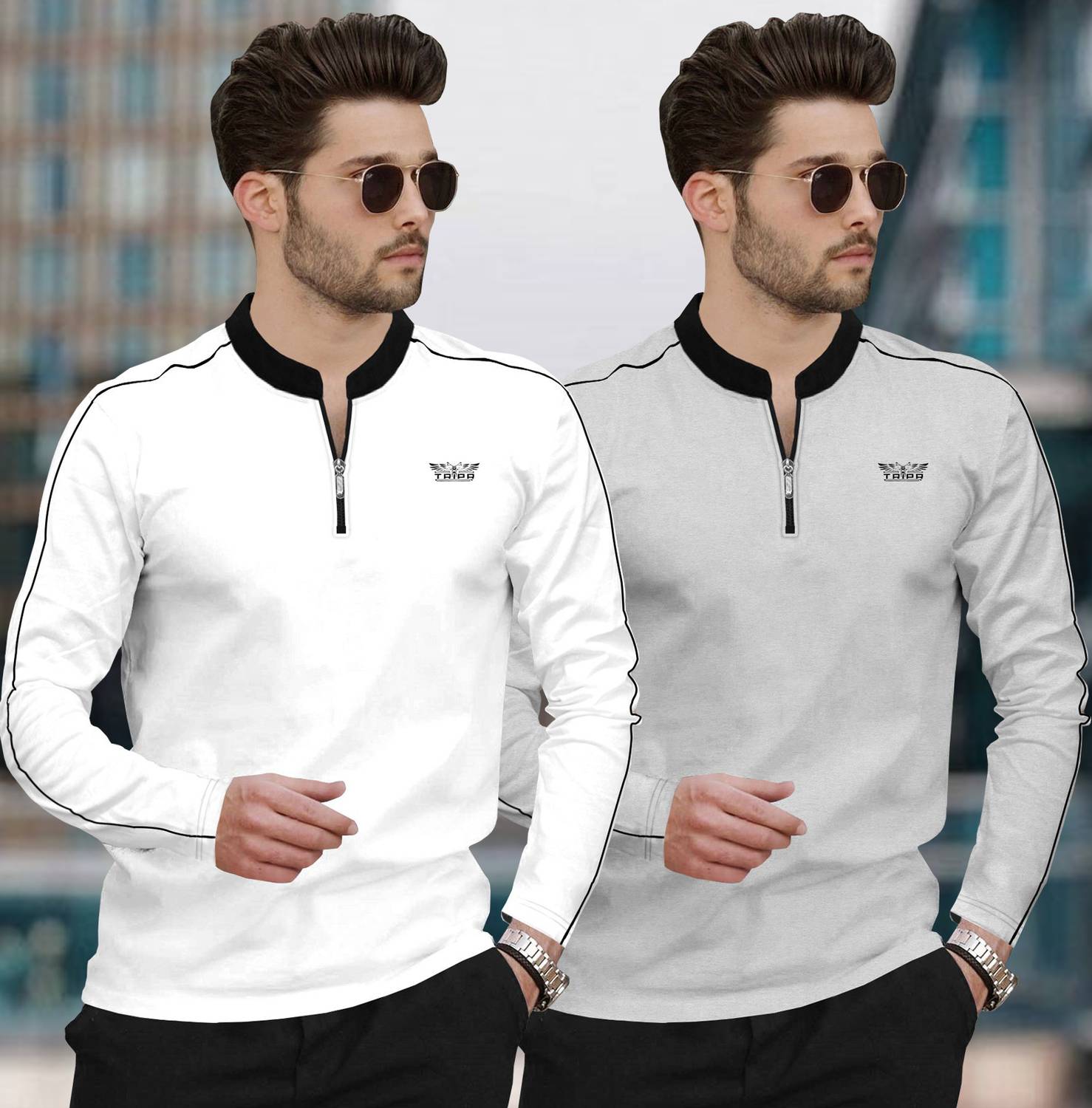 TRIPR Pack of 2 Men Solid Mandarin Collar Cotton Blend White, Gre