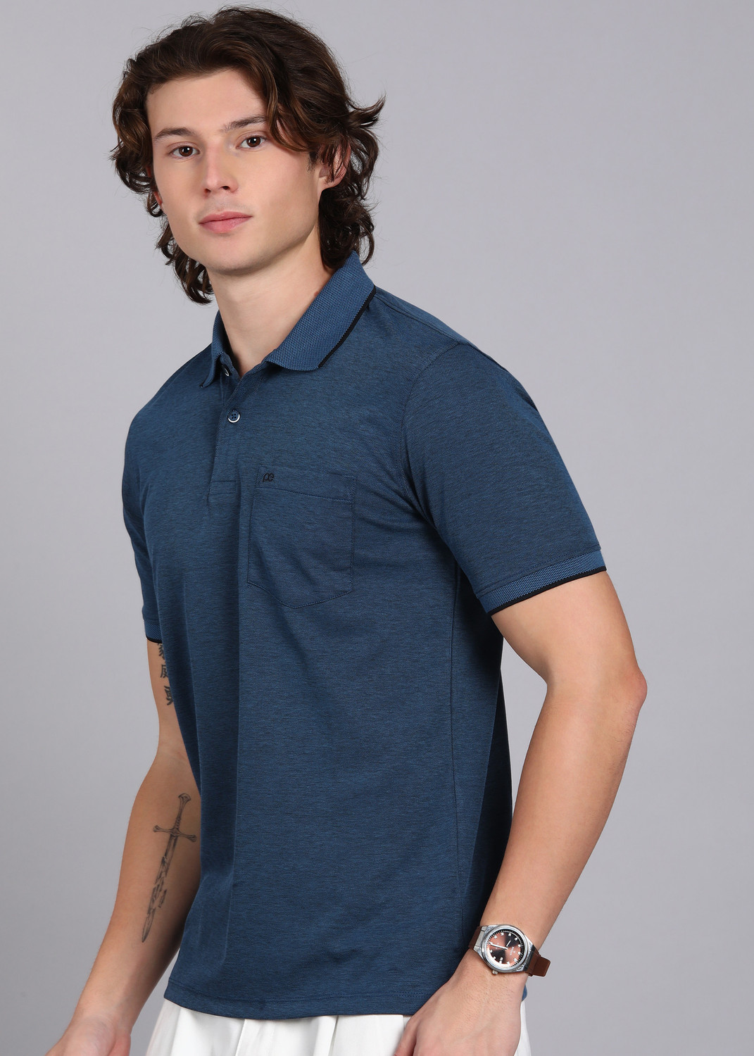 Image of PETER ENGLAND Solid Men Polo Neck Blue T-Shirt