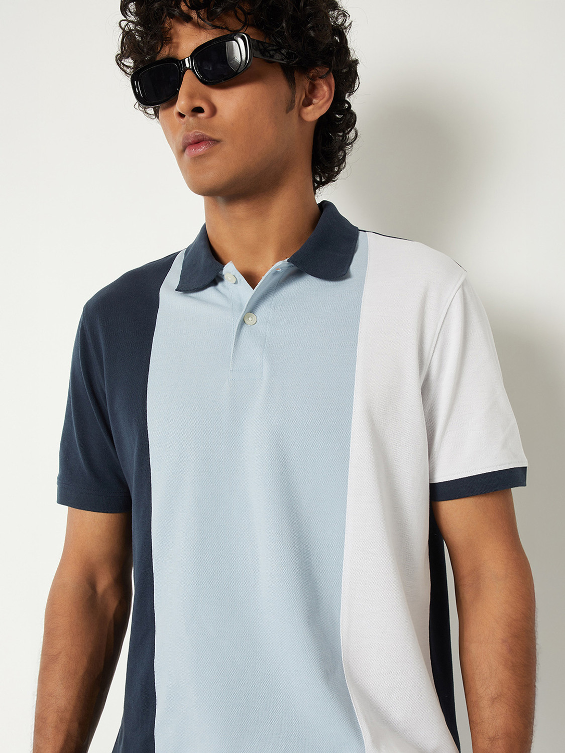 Image of MAX Colorblock Men Polo Neck Blue T-Shirt