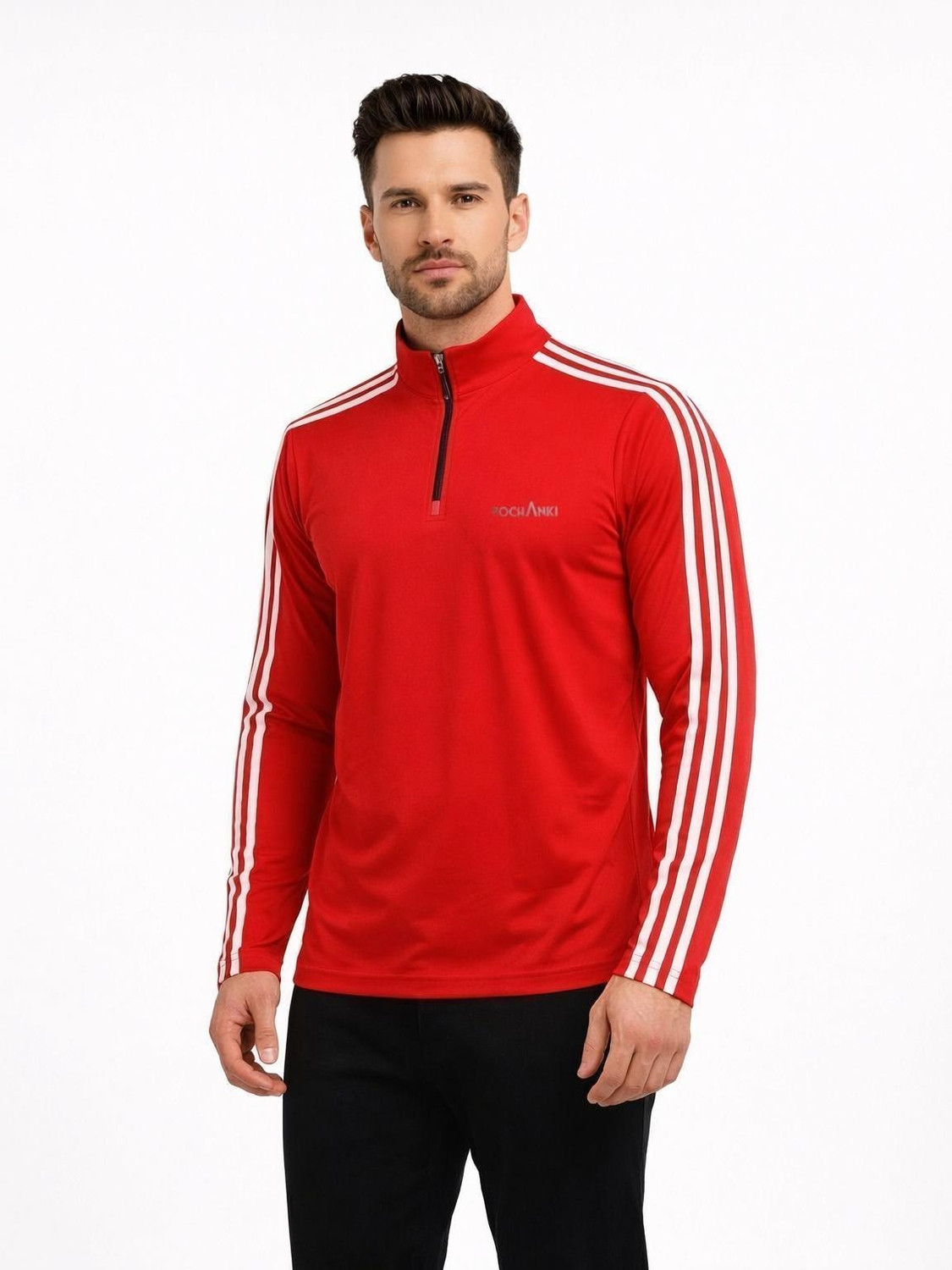 Image of Pochanki Striped Men Zip Neck Red T-Shirt