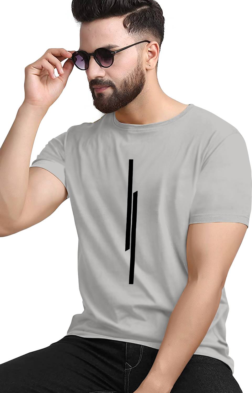 KAJARU Men Striped Round Neck Polyester Grey T-Shirt