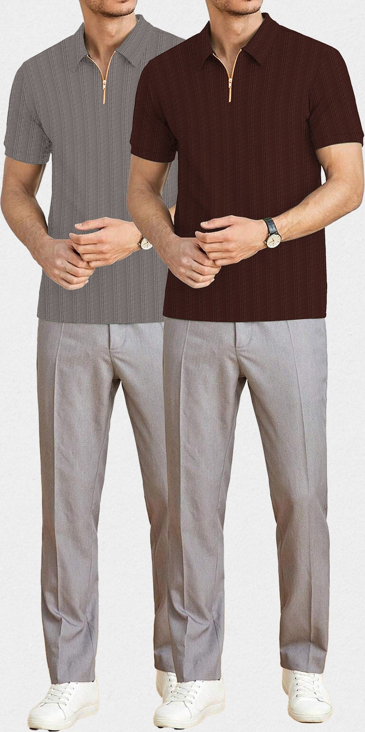 Image of KAJARU Self Design Men Zip Neck Brown, Grey T-Shirt