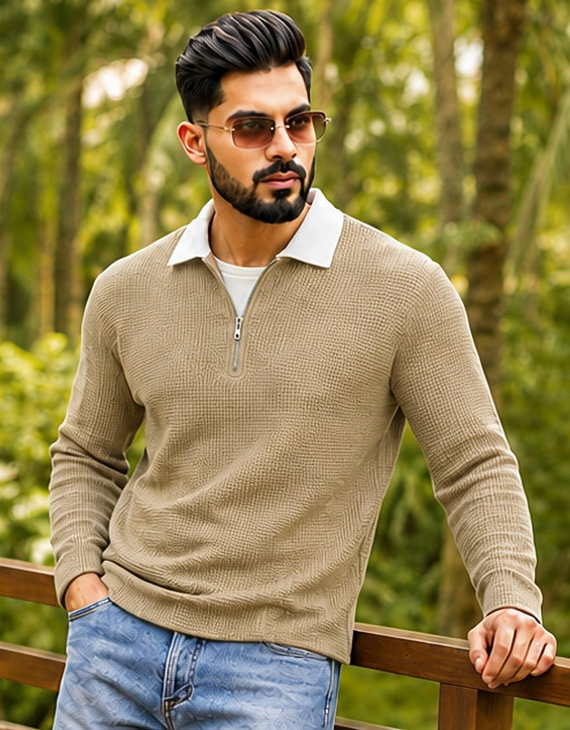 Image of NOOK Self Design Men Polo Neck Beige T-Shirt