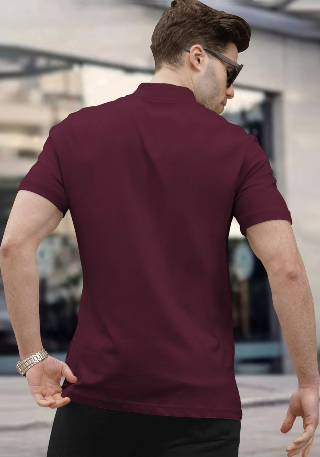 Image of TRIPR Printed Men Mandarin Collar Maroon T-Shirt