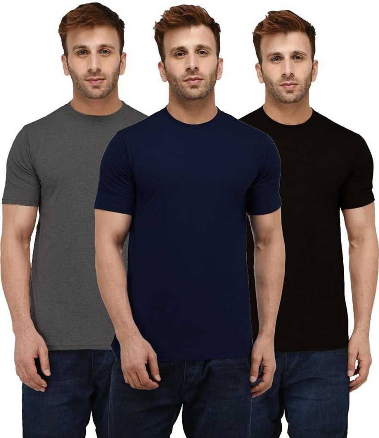 INKKR Pack of 3 Men Solid Round Neck Cotton Blend Multicolor T-Sh