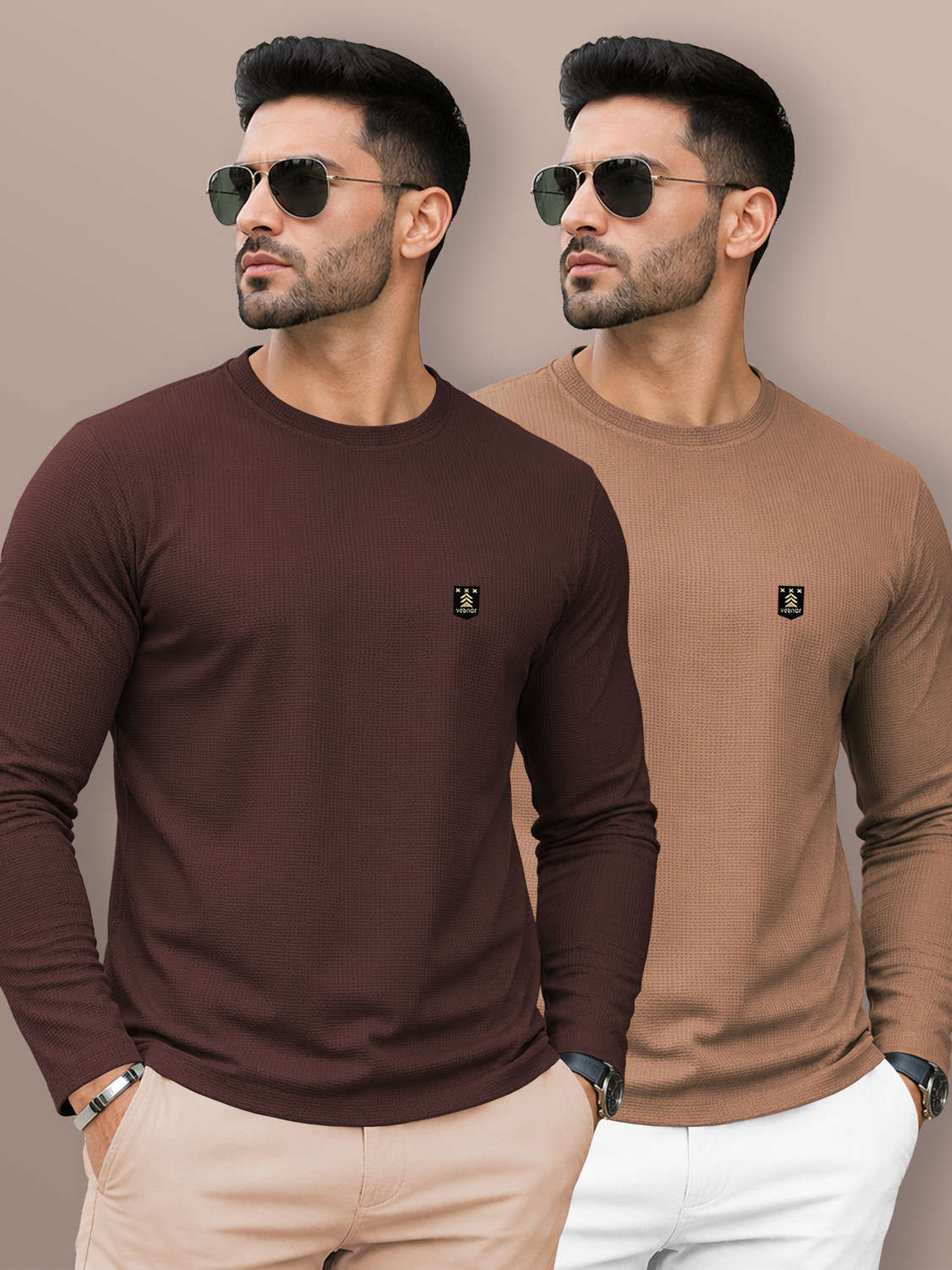 Image of VeBNoR Self Design Men Round Neck Brown, Beige T-Shirt