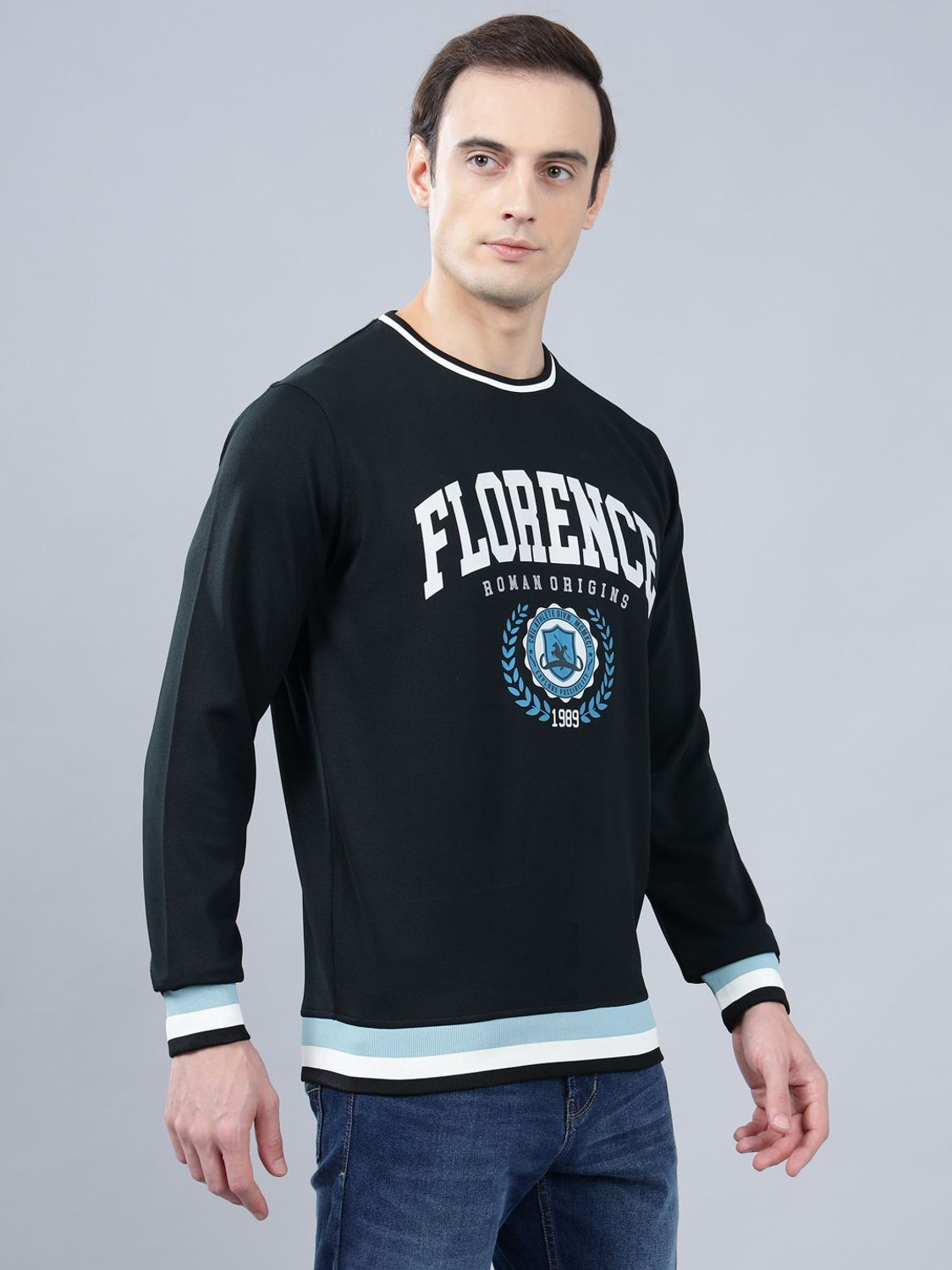 Image of CANTABIL Men Typography Round Neck Pure Cotton Dark Blue T-Shirt