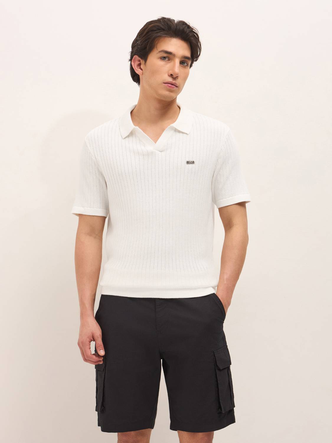 THE BEAR HOUSE Men Striped Polo Neck Pure Cotton White T-Shirt