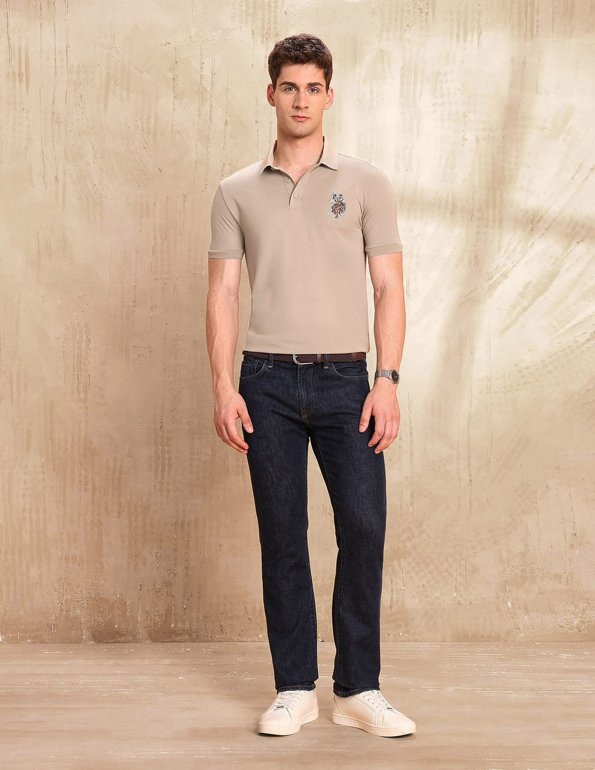 Image of U.S. Polo Assn. Denim Co. Solid Men Polo Neck Beige T-Shirt