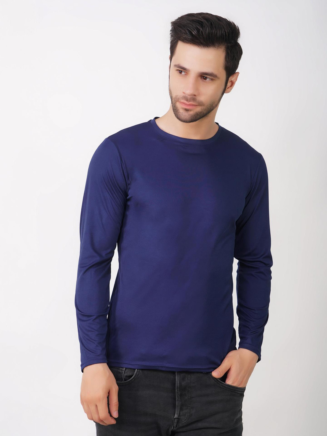 Image of KASPY Solid Men Round Neck Navy Blue T-Shirt