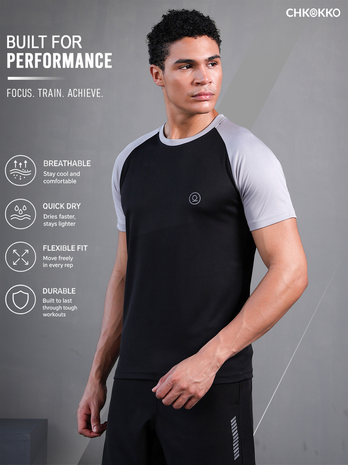 Image of CHKOKKO Colorblock Men Round Neck Black T-Shirt
