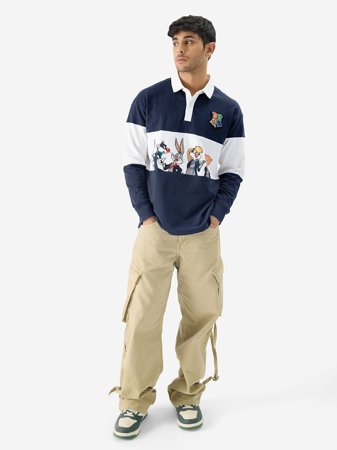 Image of METRONAUT Cartoon, Colorblock Men Polo Neck Navy Blue, White T-Shirt
