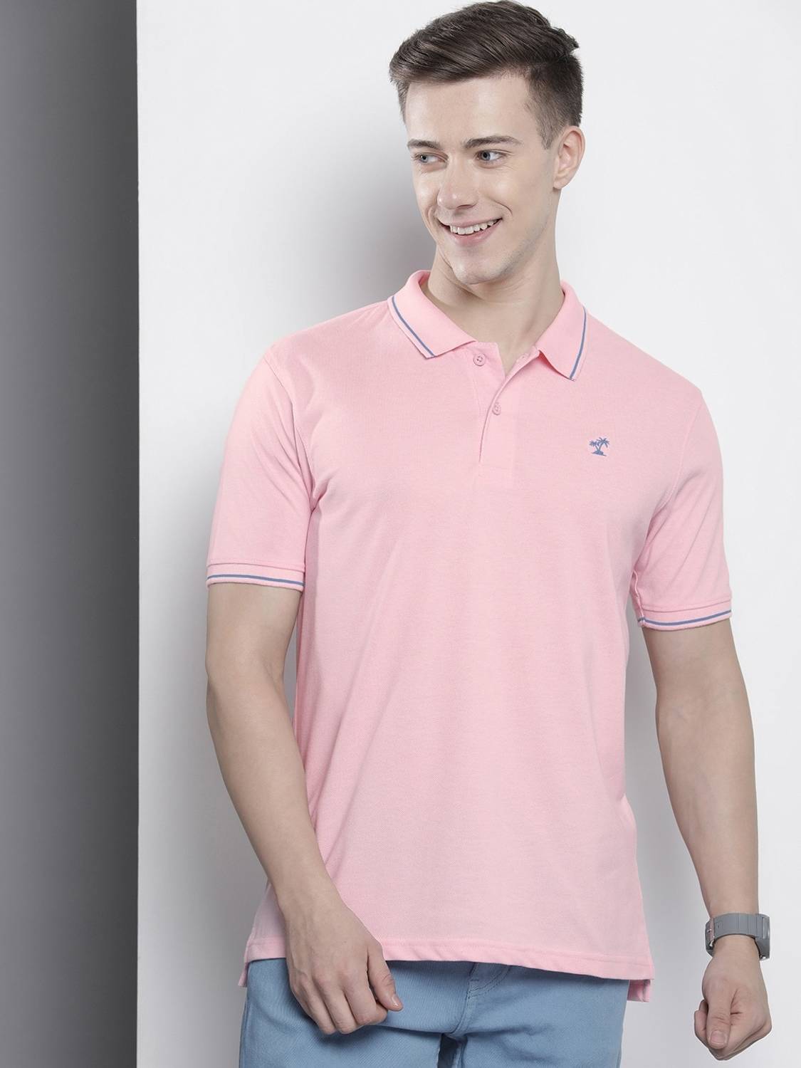 The Indian Garage Co. Men Solid Polo Neck Cotton Blend Pink T-Shi