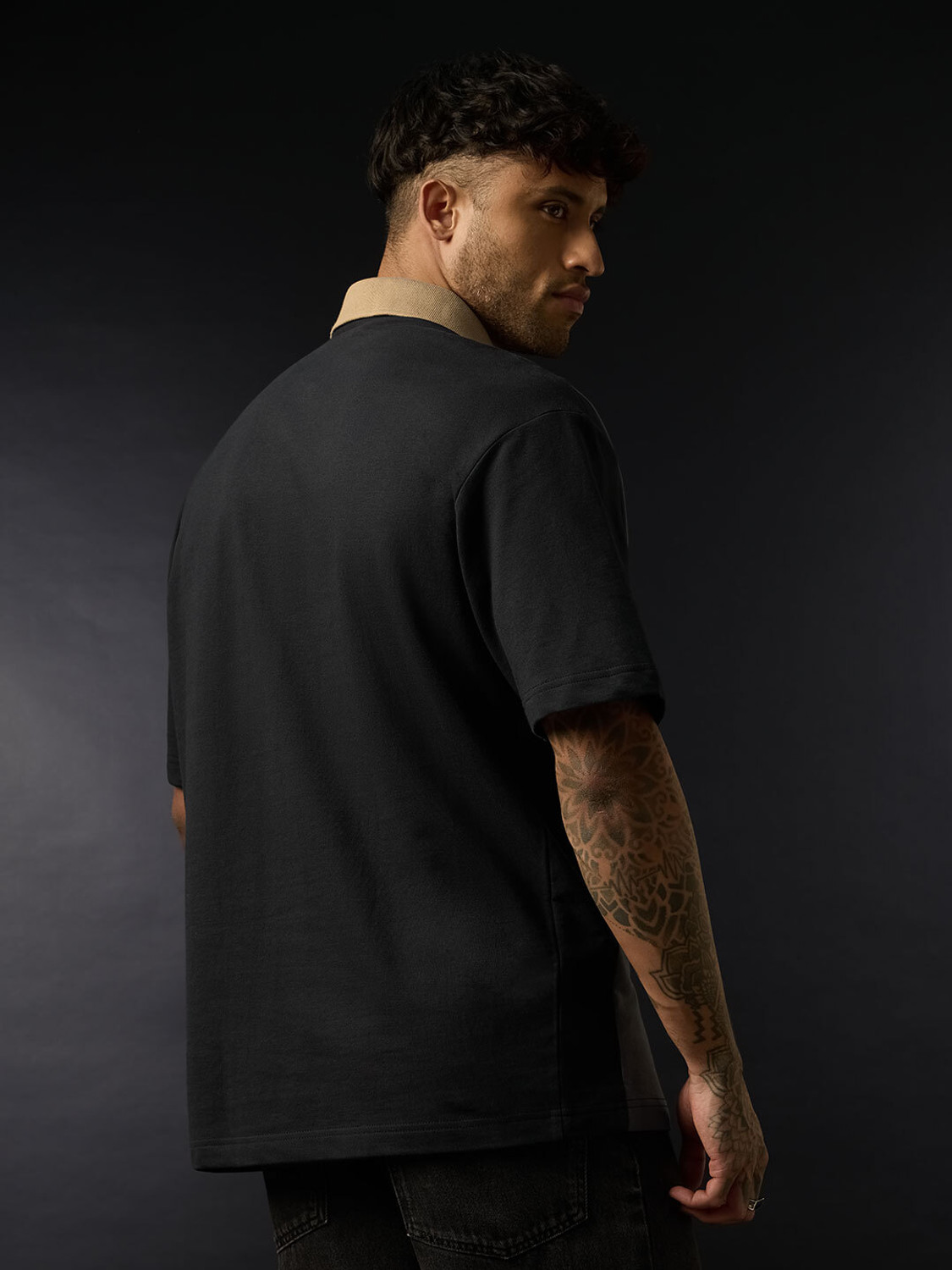 Image of The Souled Store Typography Men Polo Neck Black T-Shirt