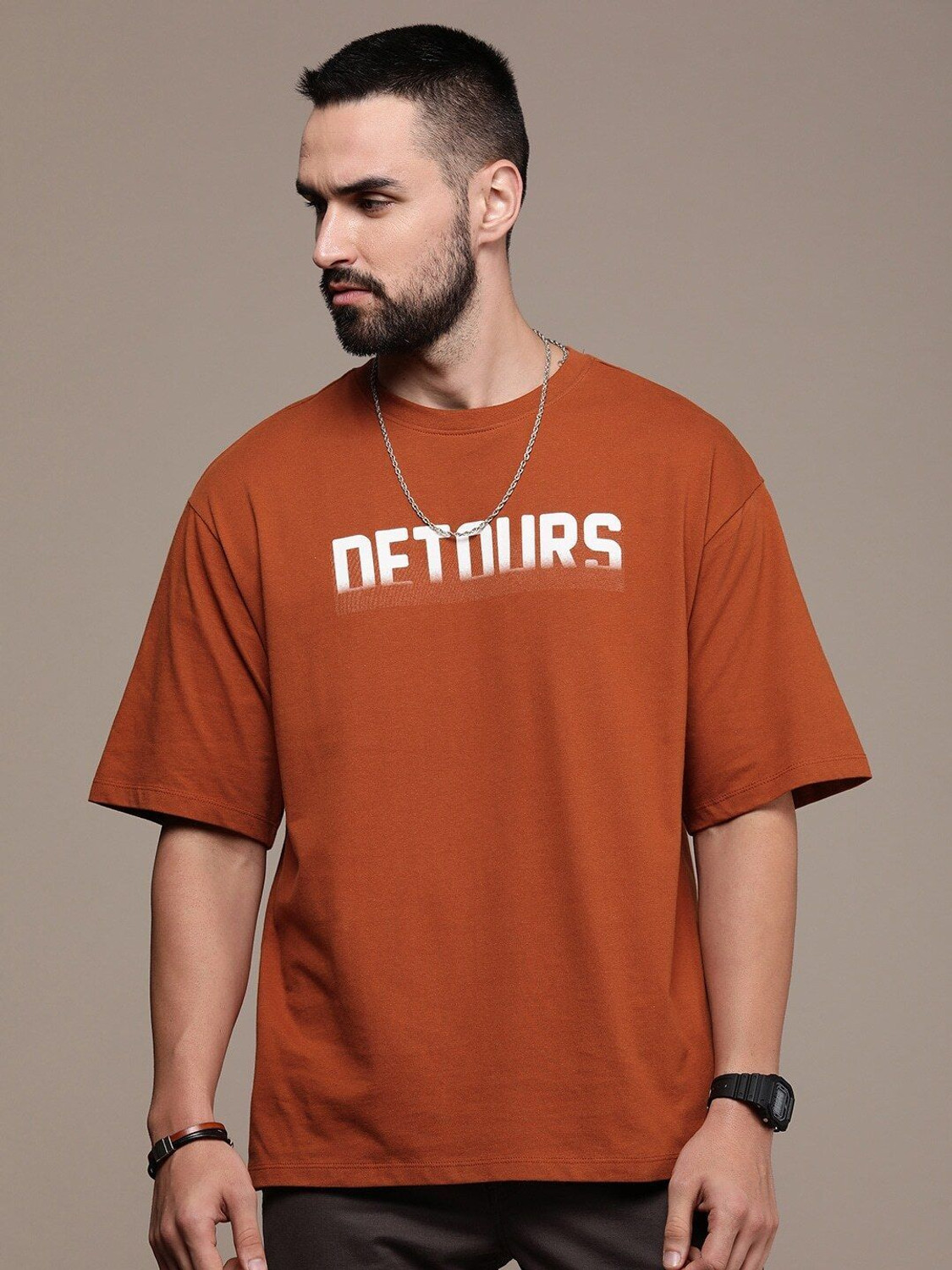 Image of Roadster Typography, Printed Men Round Neck Brown T-Shirt