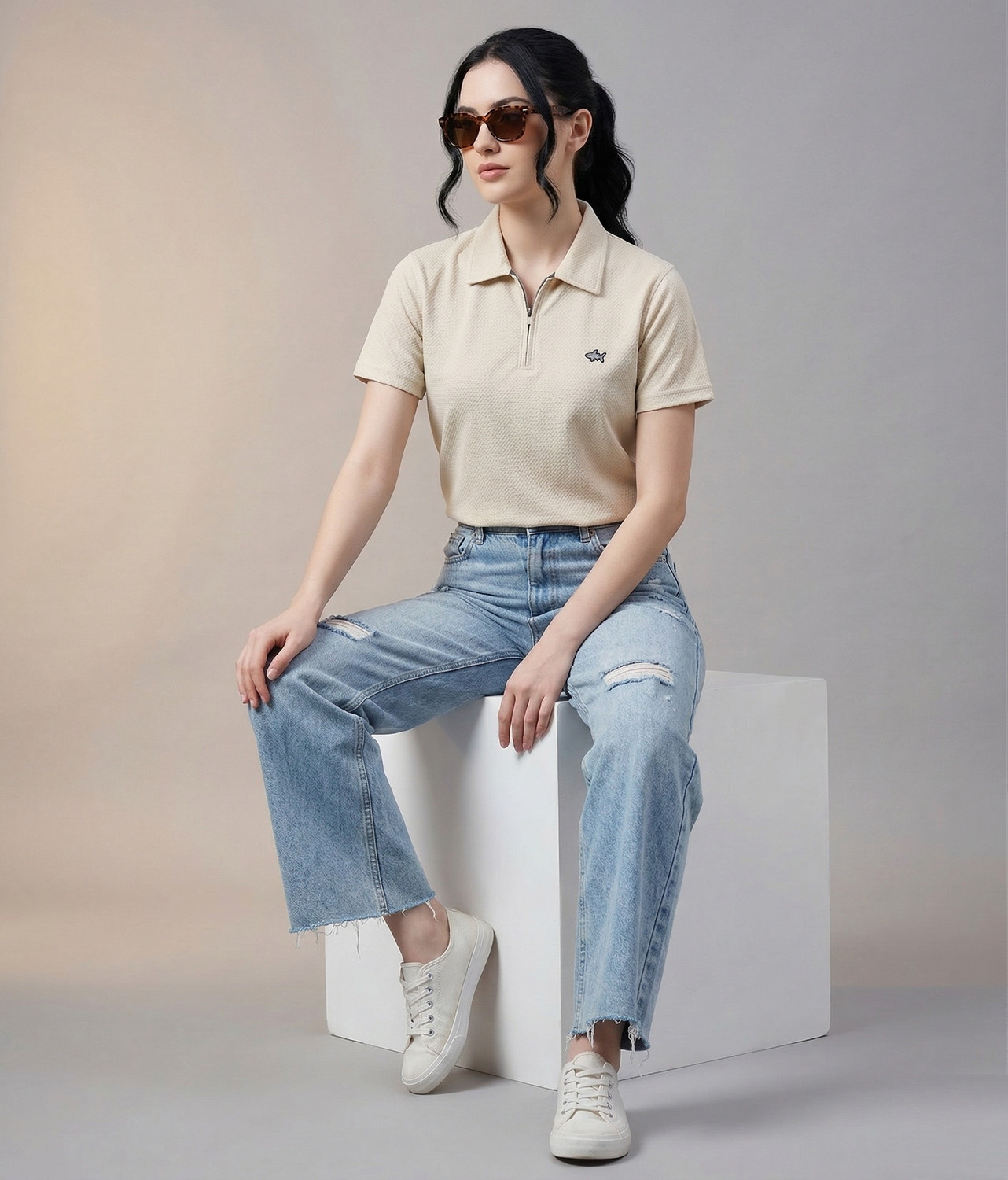 Image of WOOLBERRY Solid Women Polo Neck Beige T-Shirt