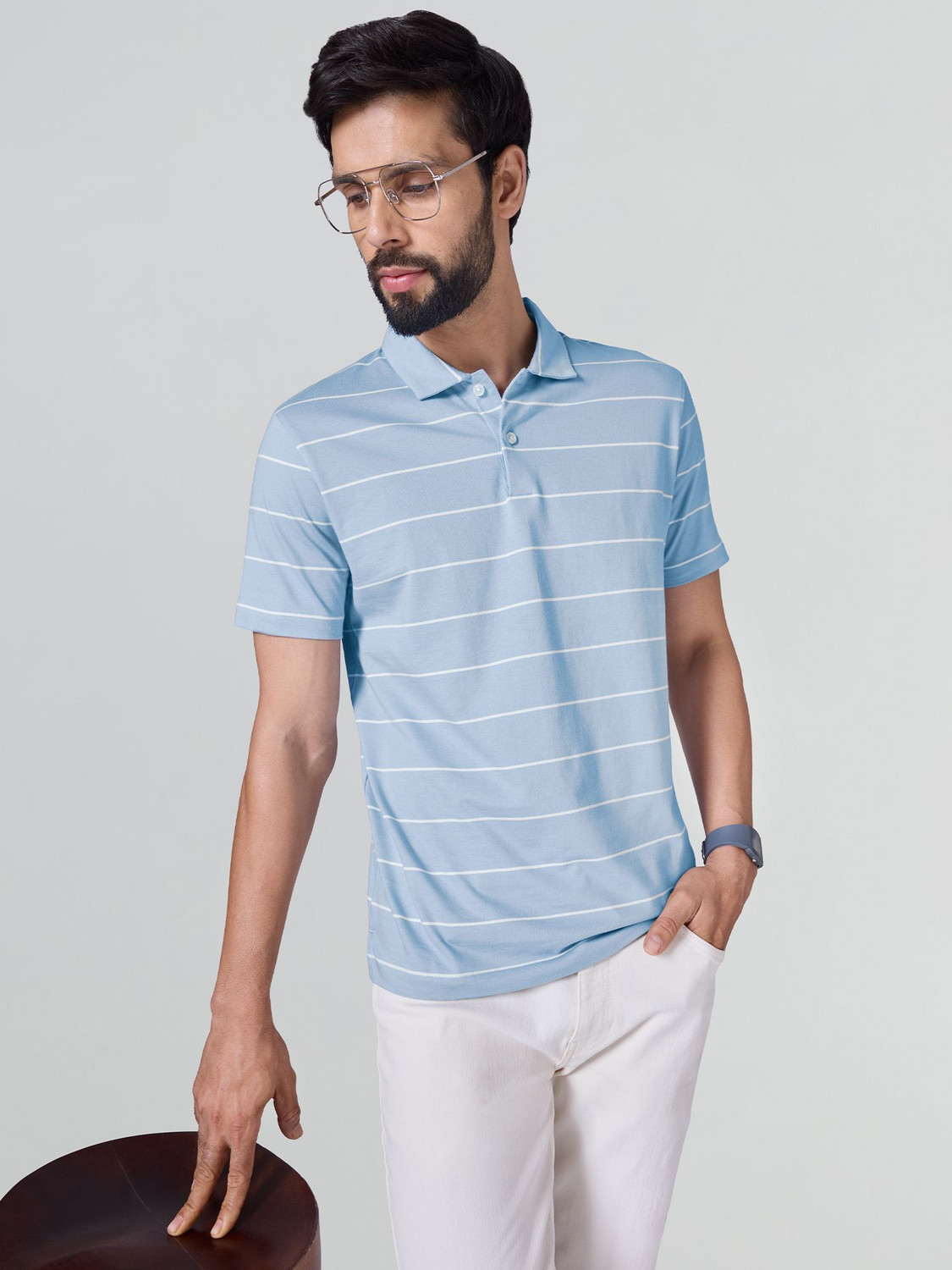 Image of XYXX Striped Men Polo Neck Blue T-Shirt