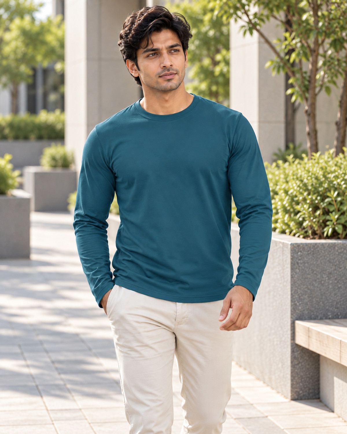 Image of WARRIOR WORLD Men Solid Round Neck Pure Cotton Blue T-Shirt