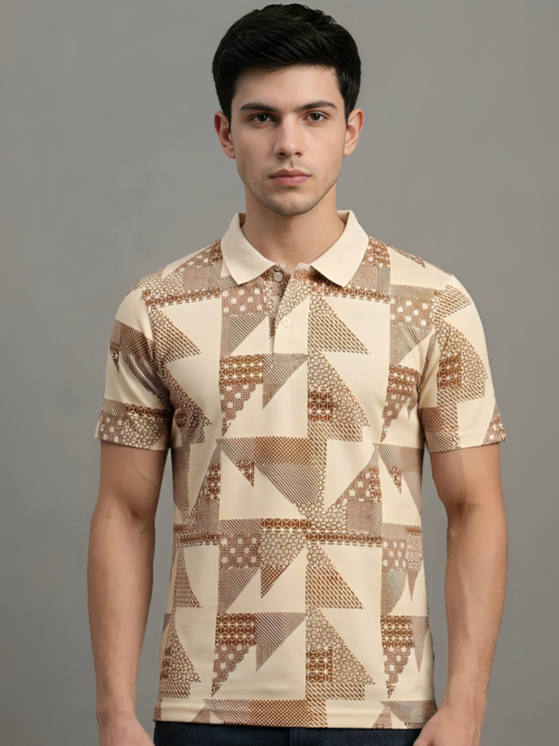 Image of HERE&NOW Printed Men Polo Neck Beige T-Shirt