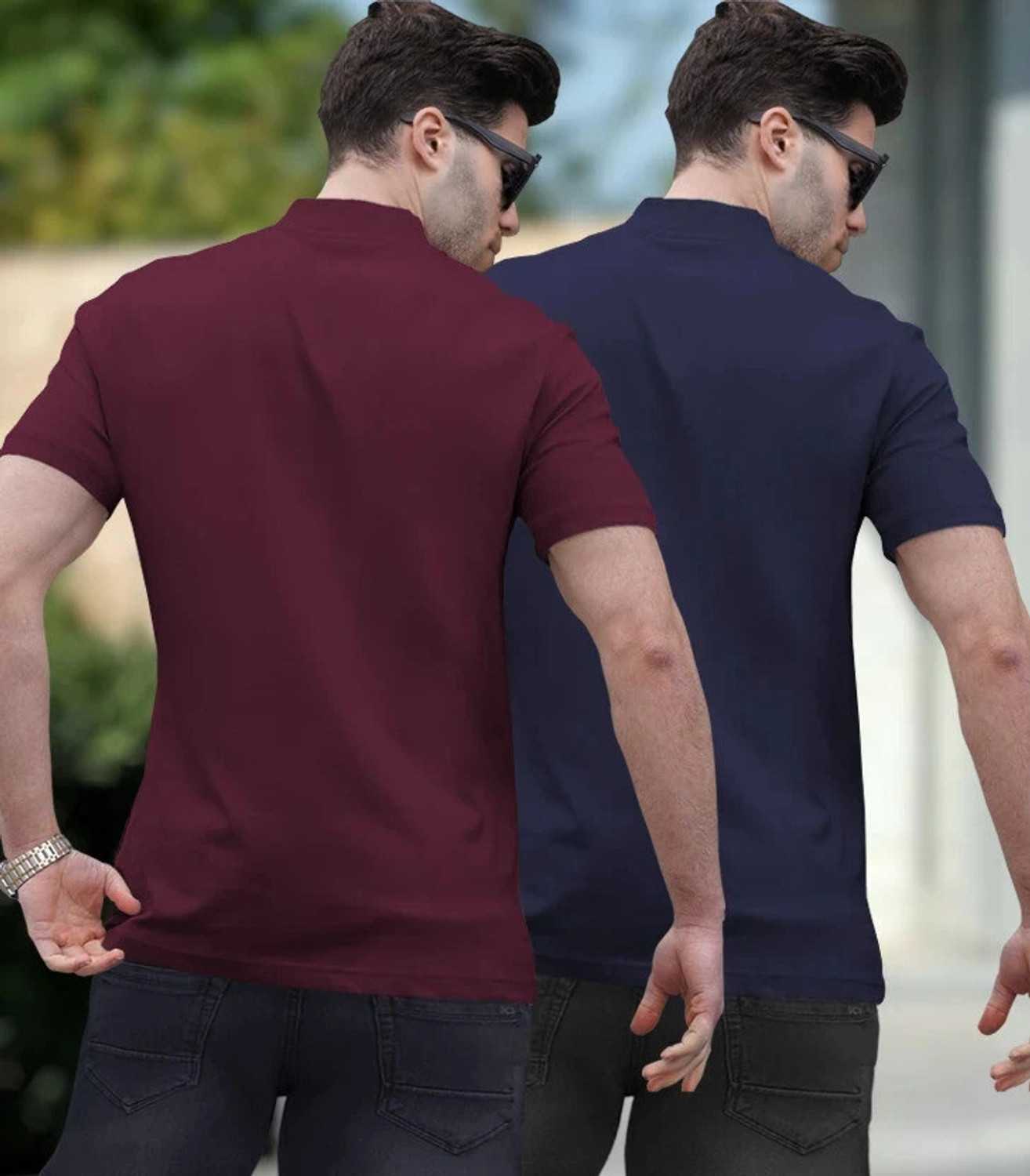 Image of TRIPR Solid Men Henley Neck Maroon, Navy Blue T-Shirt