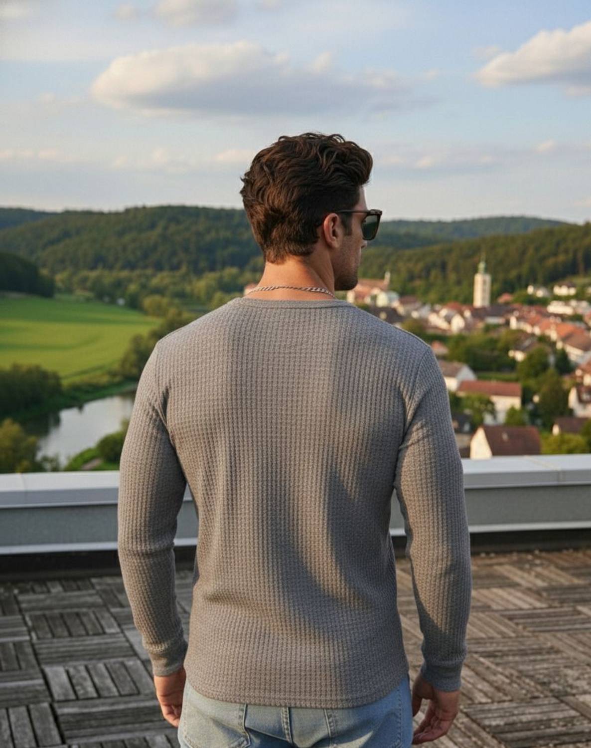 Muskan Men's Grey Henley Neck T-Shirt - Image 2