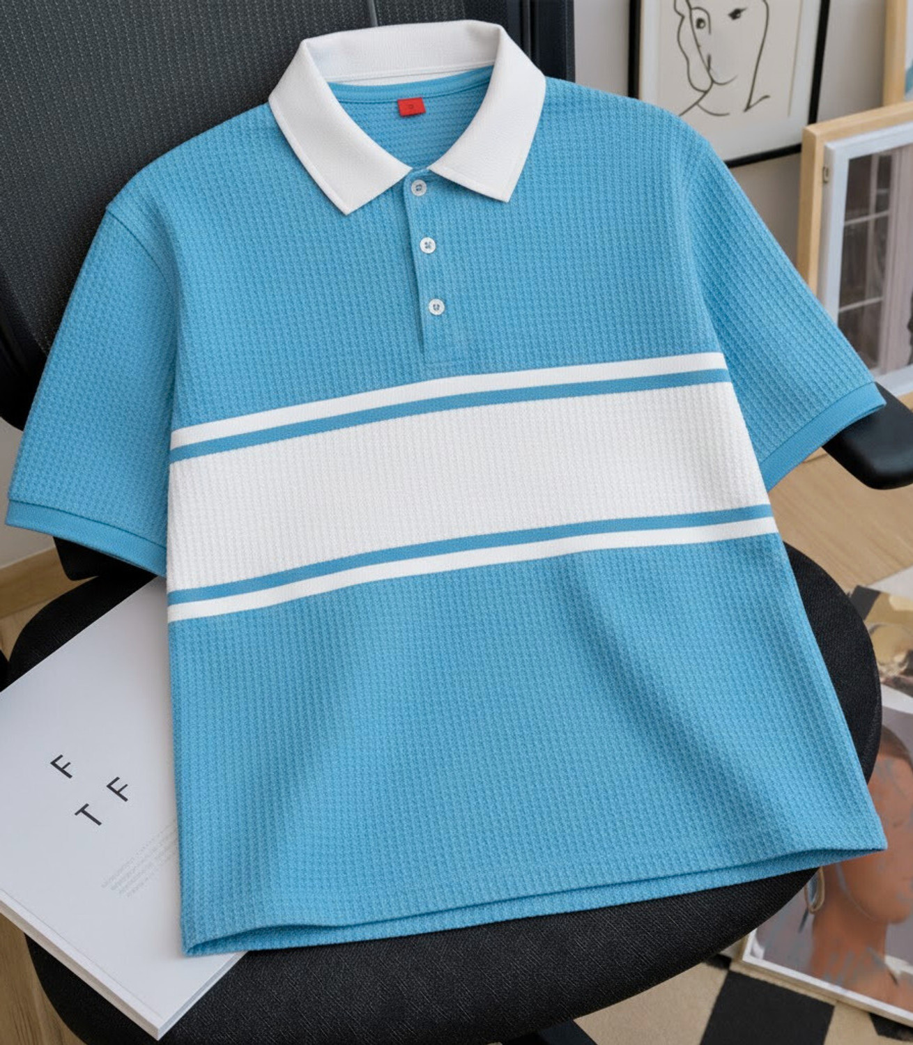 Image of Try This Striped Men Polo Neck Light Blue T-Shirt